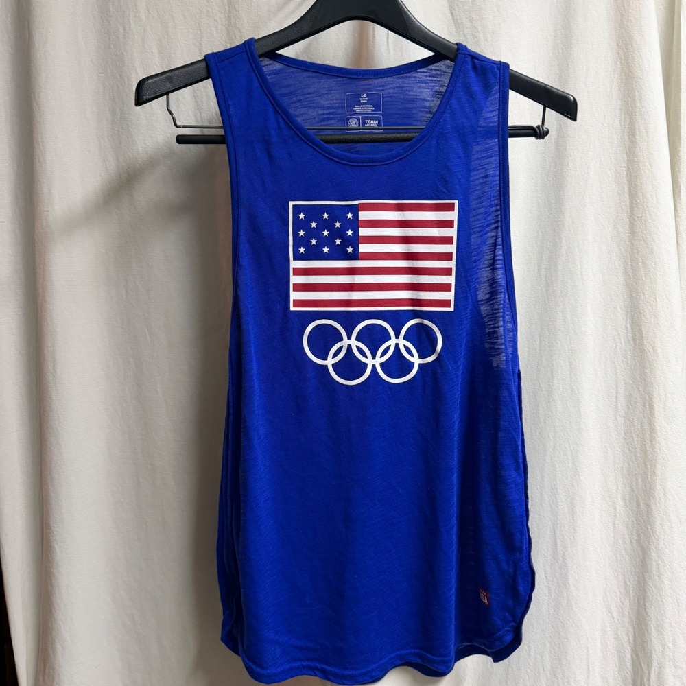 Team USA Olympics Muscle Tank Top Blue American Flag Rings Large Womens